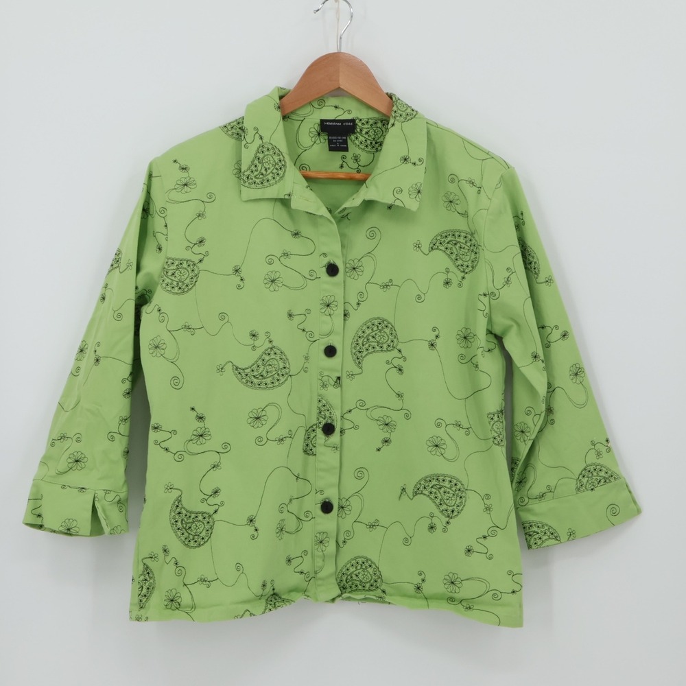 Embroidered Paisley Floral Button Front Shacket Womens Green 3/4 Sleeve Size L‎